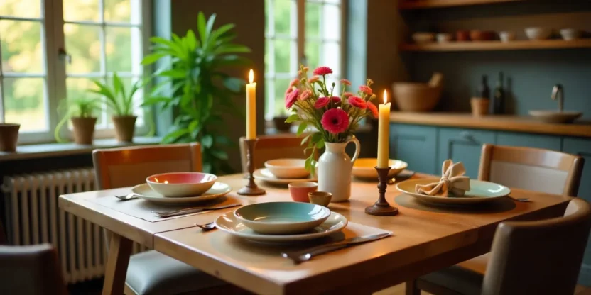 Cozy dining table set with flowers, candles, and colorful tableware.