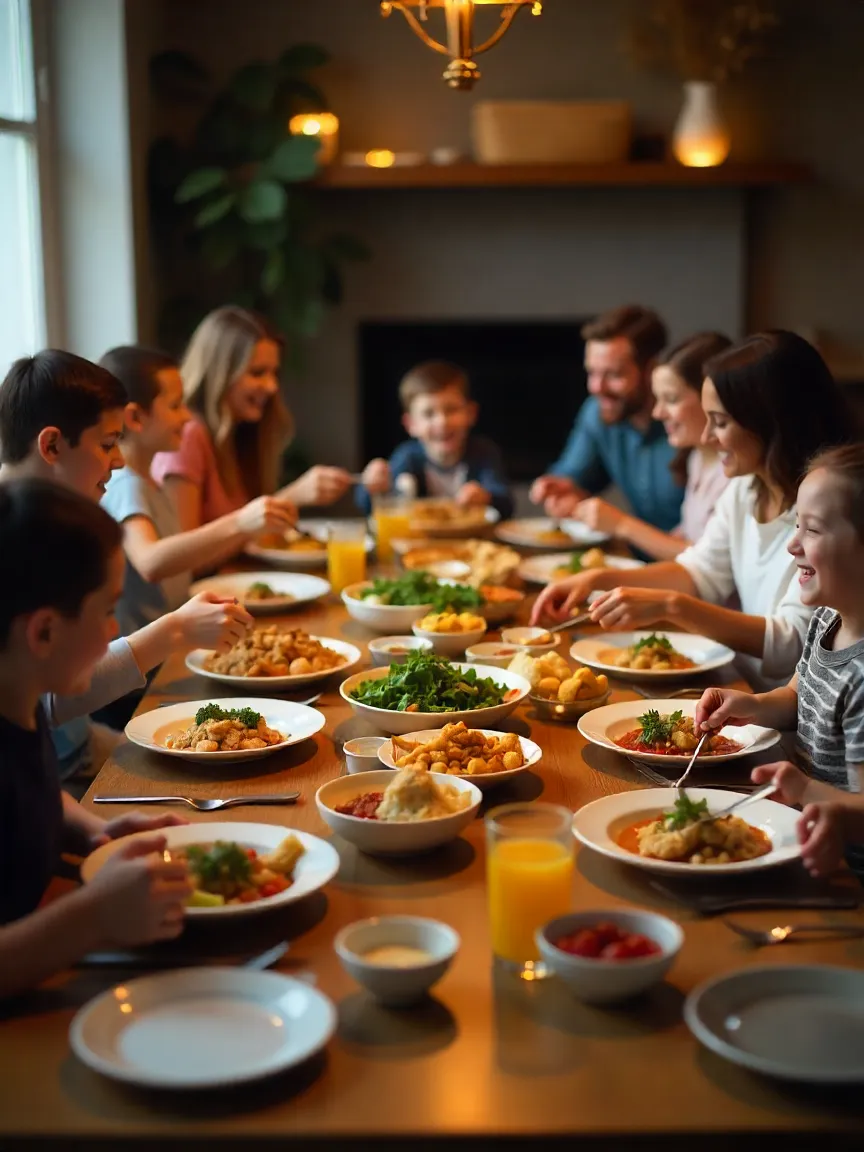 Happy family enjoying a dinner together at a table full of food.
