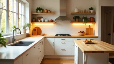 Modern kitchen with smart faucet, under-cabinet lighting, open shelves, a chalkboard wall, and a central island, showing multiple DIY upgrades.