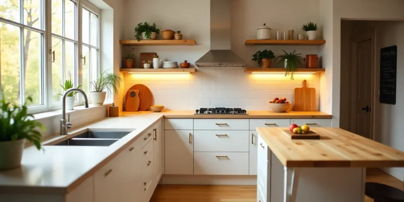 Modern kitchen with smart faucet, under-cabinet lighting, open shelves, a chalkboard wall, and a central island, showing multiple DIY upgrades.