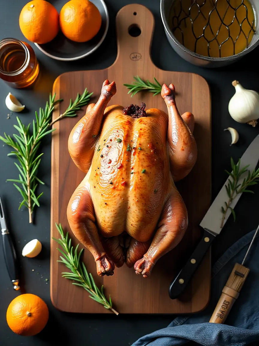 Flat lay of duck with oranges, fresh herbs, garlic, honey, soy sauce, and essential kitchen tools like knife, roasting pan, and thermometer.