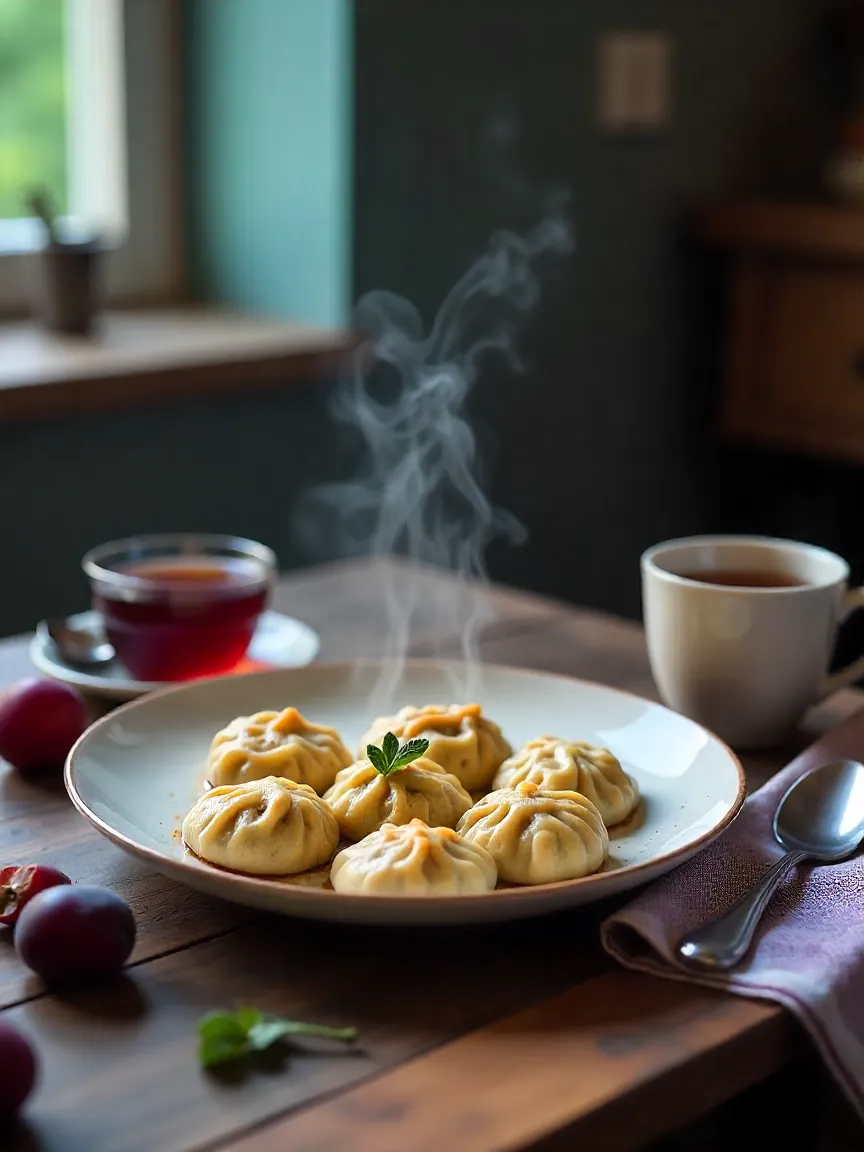 Plate of warm ricotta plum dumplings on a rustic table, evoking cozy homemade comfort.