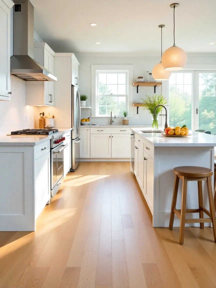 Modern kitchen with wide-plank hardwood flooring, white cabinets, and a quartz island for a stylish and durable design.