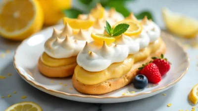 Lemon meringue éclairs with berries and candied lemon slices on a light plate.