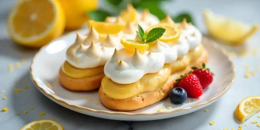 Lemon meringue éclairs with berries and candied lemon slices on a light plate.