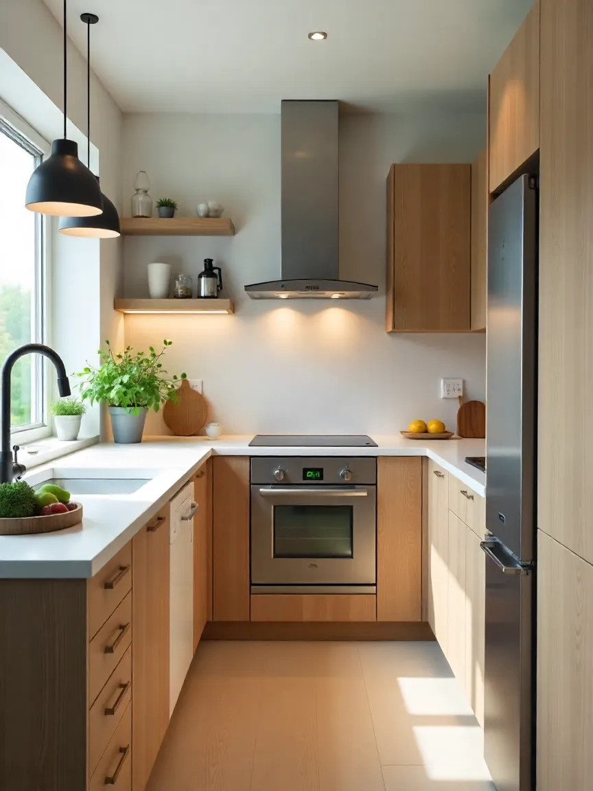 Eco-friendly kitchen with bamboo cabinets, reclaimed wood accents, energy-efficient appliances, and LED lighting for a sustainable design.