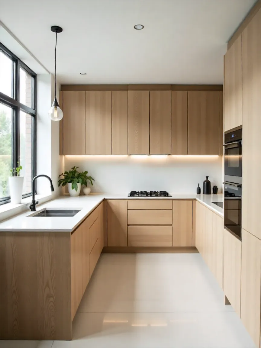 Eco-friendly modern kitchen with bamboo cabinets, recycled glass countertops, natural light, and energy-efficient appliances.