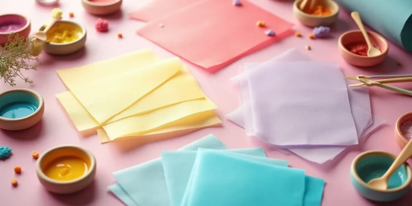 Colorful edible paper sheets with cooking tools and ingredients on a table.