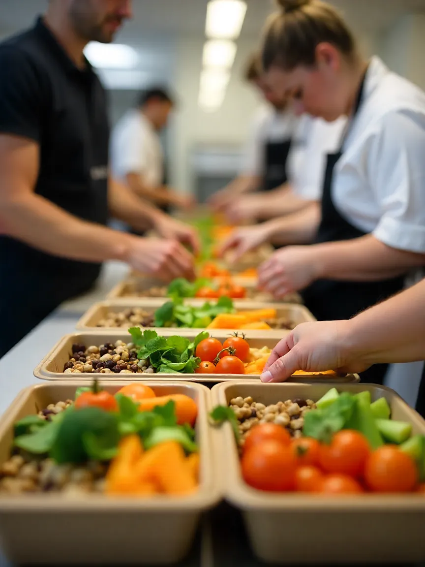 Catering staff preparing balanced meal trays with vegetables, proteins, and grains, showcasing efficient meal planning without hassle.