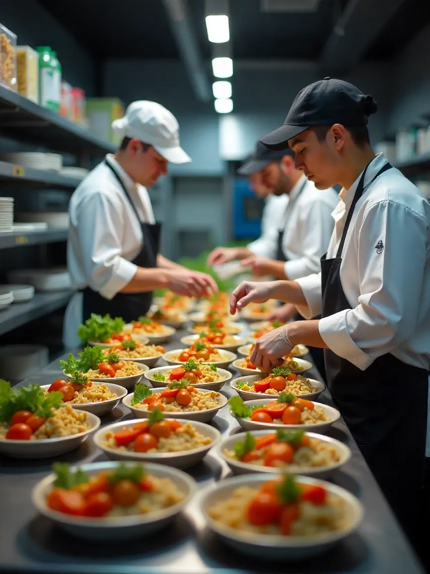 Catering staff preparing healthy, balanced meals in an organized commercial kitchen for efficient meal planning.