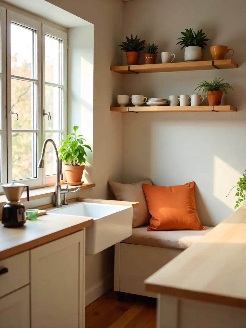 Cozy Scandinavian kitchen with coffee station, wooden shelves, ceramic mugs, potted plants, and a bright breakfast nook, embodying hygge and simplicity.