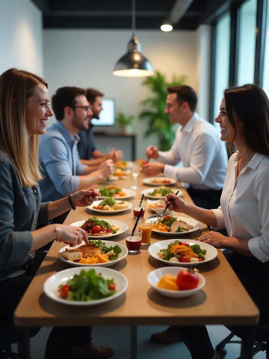 Office employees enjoying a catered lunch with healthy dishes, promoting satisfaction and productivity.