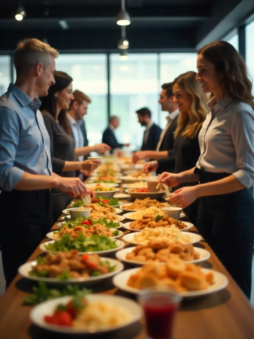 Office employees enjoying healthy catered meals together, showing how catering supports workplace satisfaction and productivity.