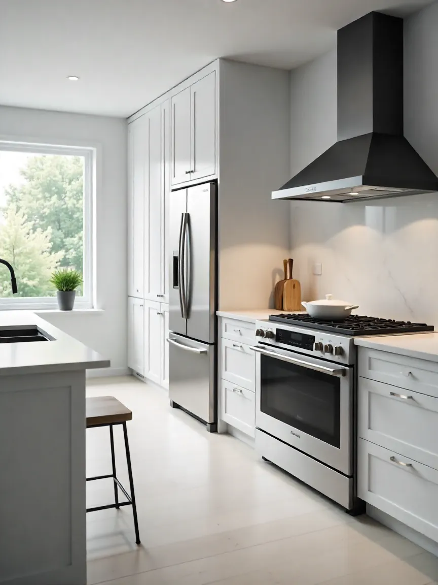 Modern kitchen with energy-efficient stainless steel appliances, smart features, and custom cabinetry for a sleek, functional design.