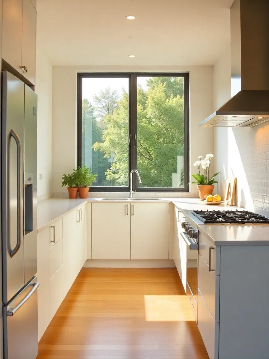 Bright modern kitchen with energy-efficient appliances, large windows, LED lighting, and smart technology for sustainability and style.
