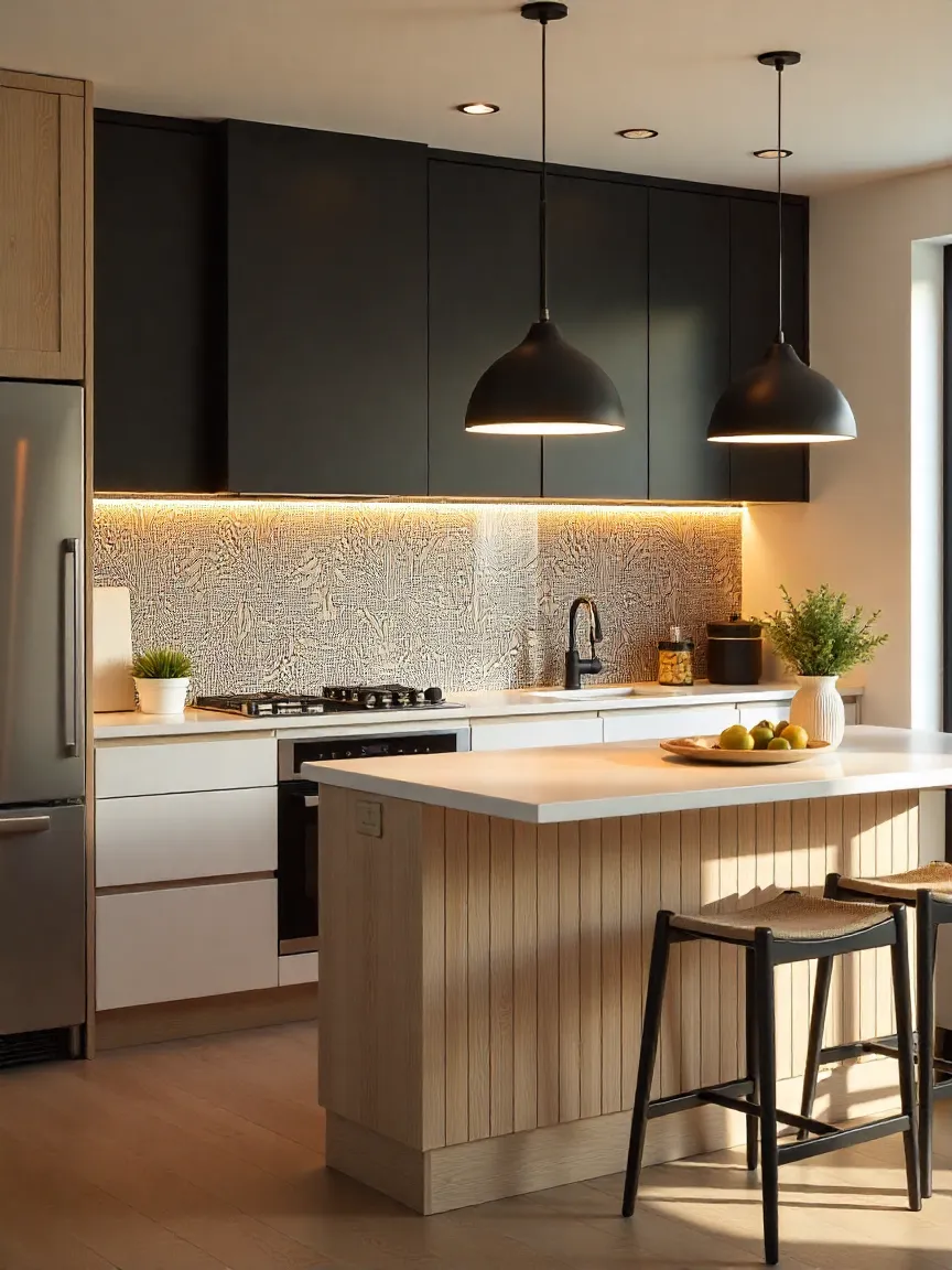 Stylish kitchen with accent backsplash wall, pendant lighting, under-cabinet LEDs, and natural wood accents blending beauty and functionality.