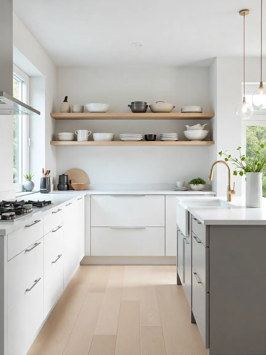 Minimalist Scandinavian kitchen with white cabinets, gray accents, light wood floors, and open shelves under soft natural light.