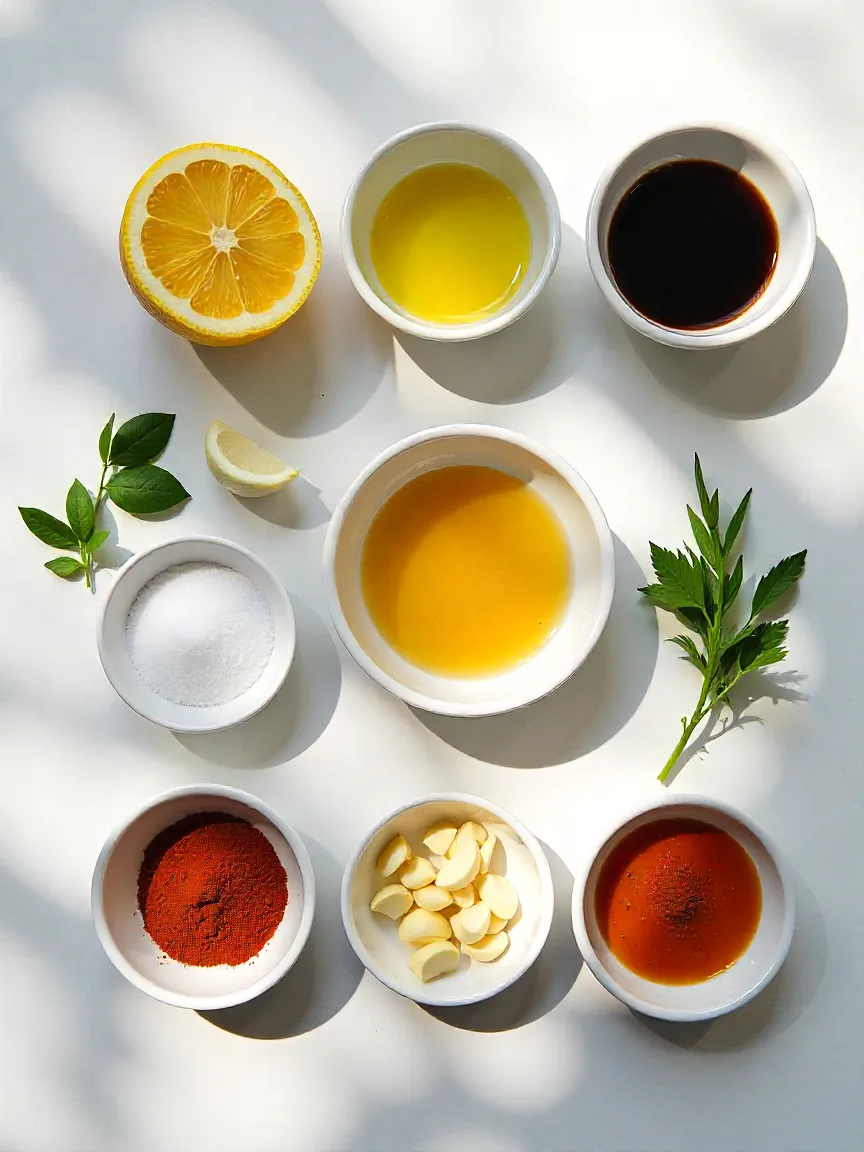 Essential marinade ingredients including lemon juice, olive oil, salt, garlic, herbs, paprika, and honey arranged on a kitchen counter.