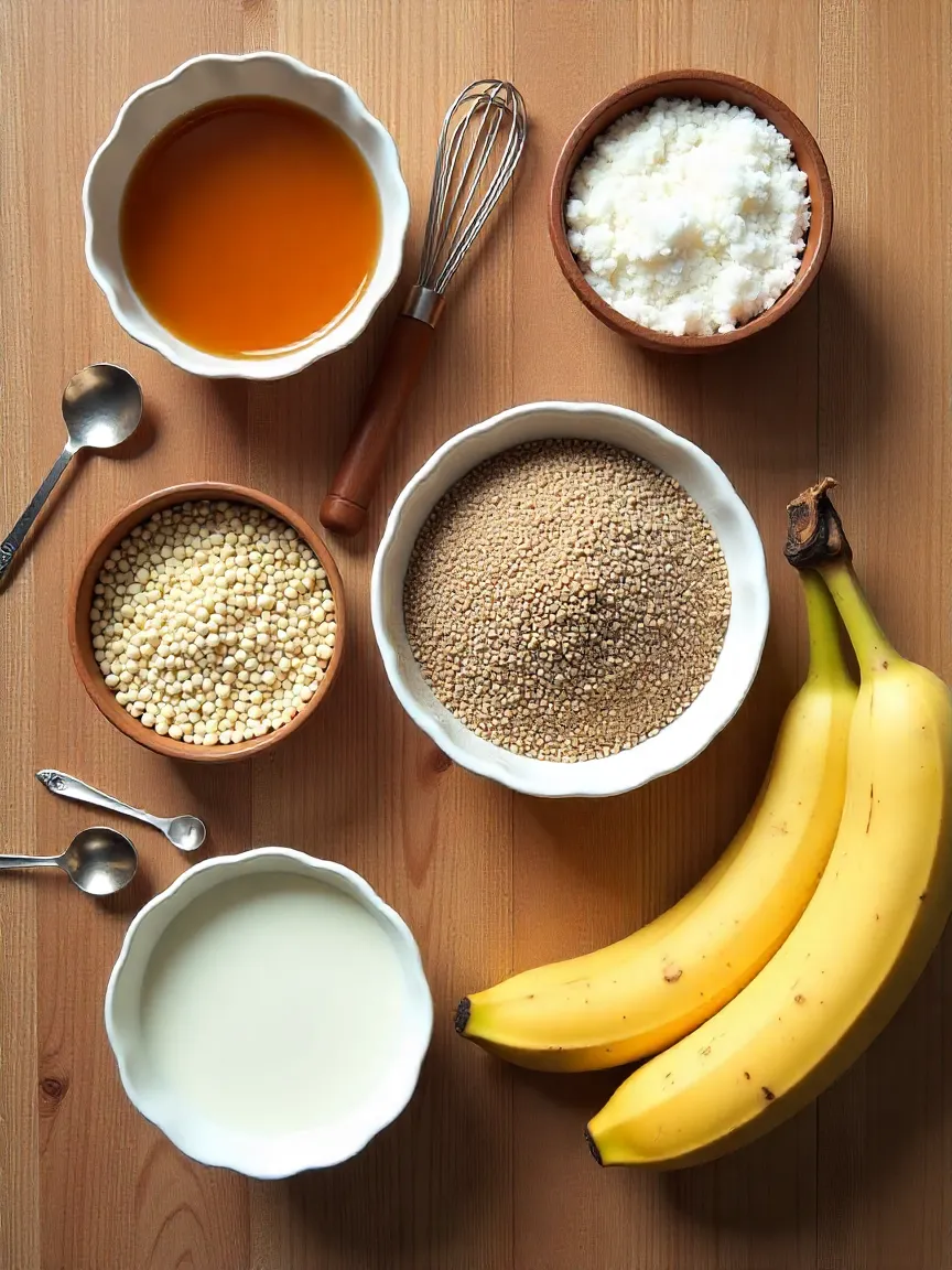 Essential vegan dessert ingredients including plant-based sweeteners, dairy substitutes, and egg replacements on a kitchen counter.