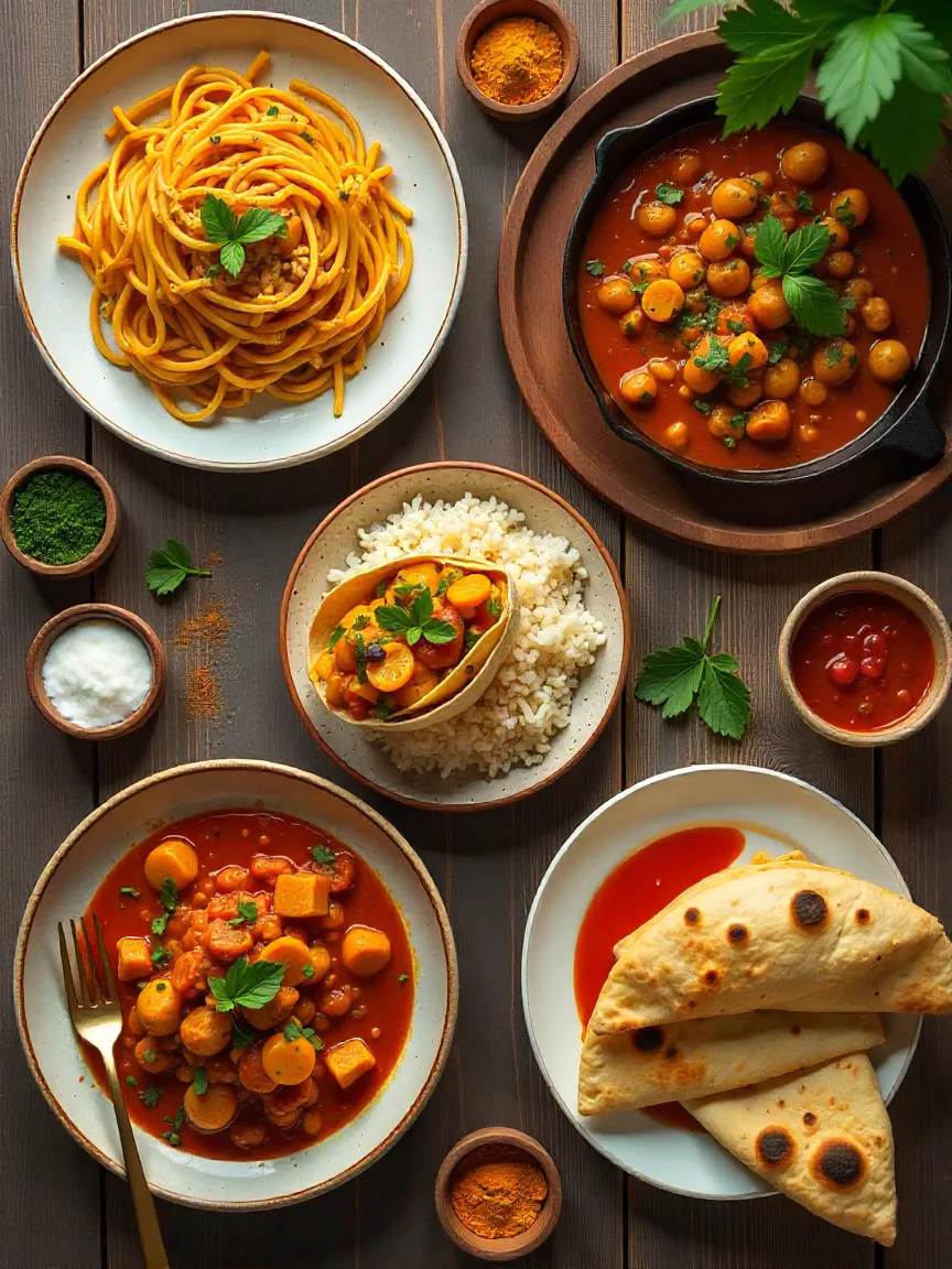 Assorted global dishes including tacos, pasta, stir-fry, and curry with colorful spices.