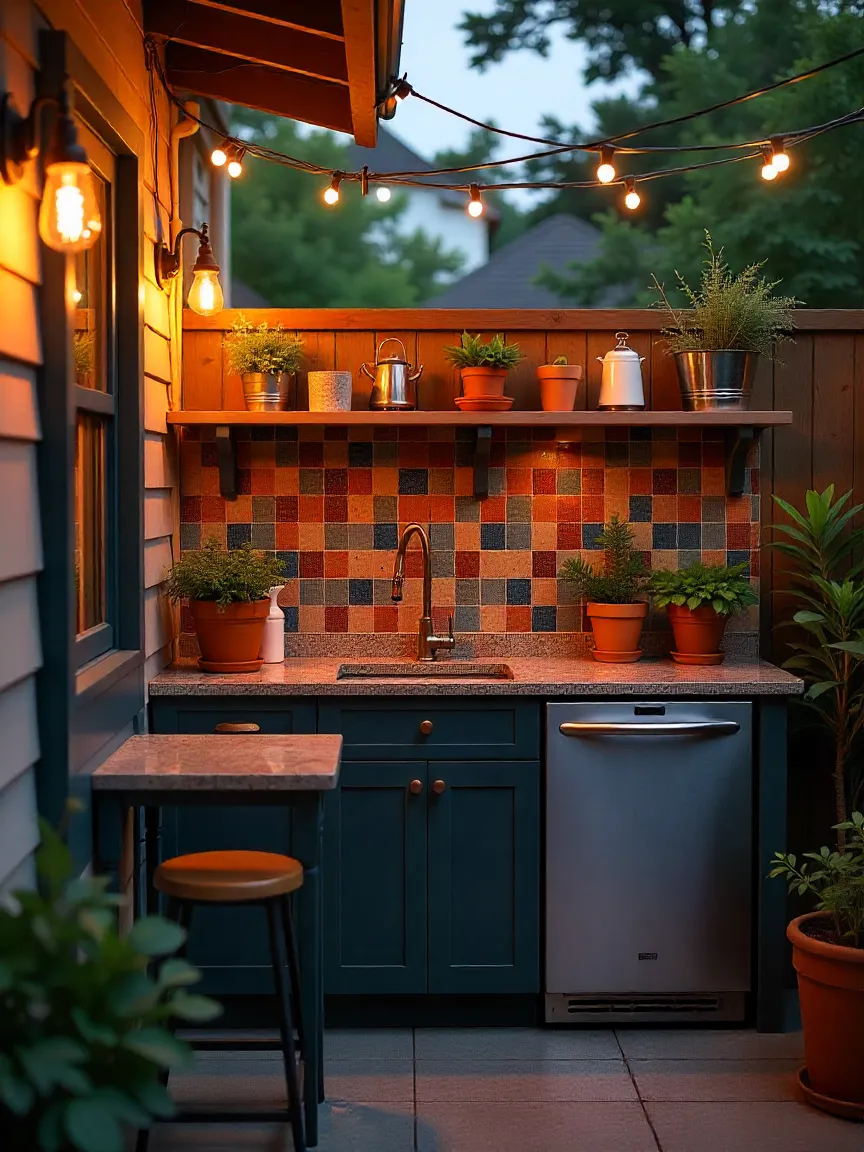 Compact outdoor kitchen with granite counters, string lights, tile backsplash, and herb pots showcasing stylish design features.