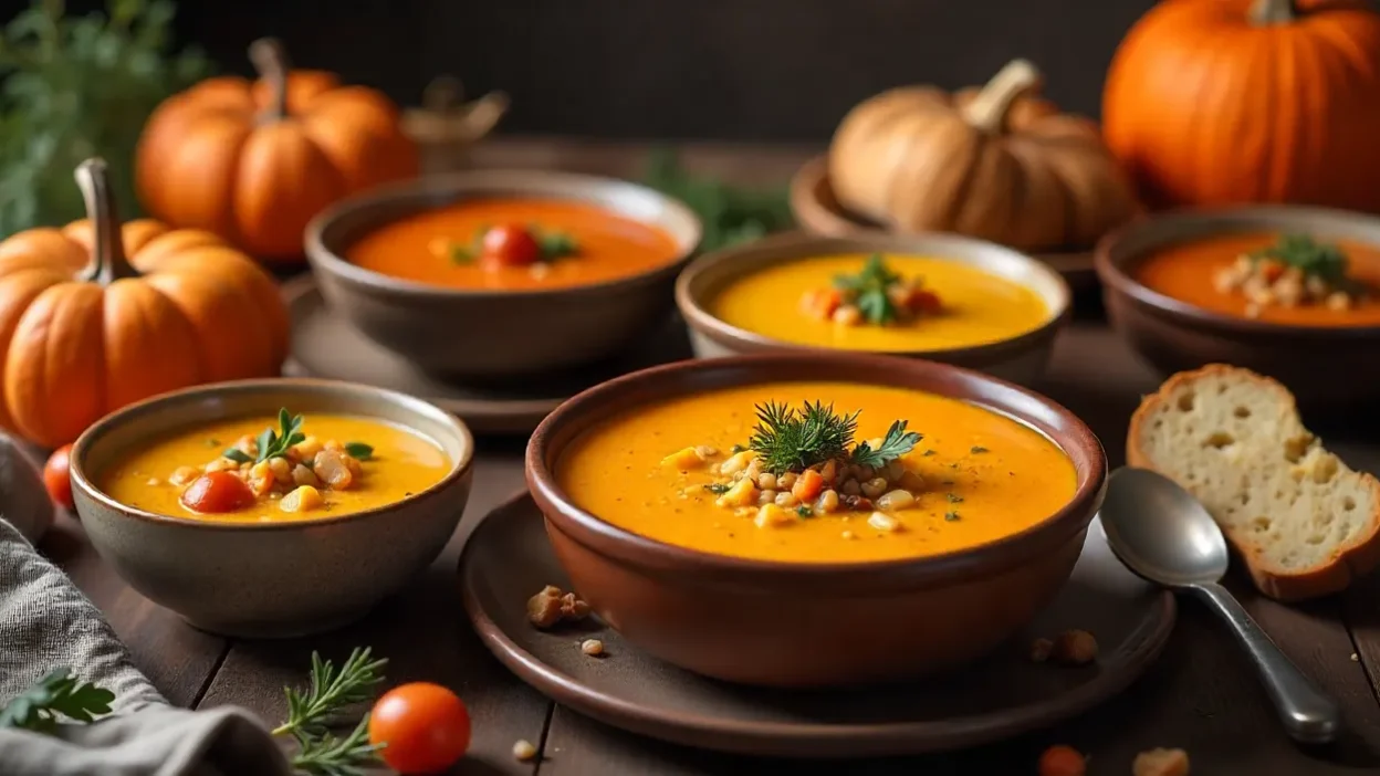 Assorted fall soups including pumpkin, squash, lentil, and tomato, served in rustic bowls on a wooden table with seasonal vegetables and bread.