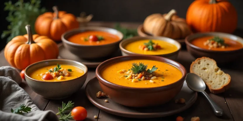 Assorted fall soups including pumpkin, squash, lentil, and tomato, served in rustic bowls on a wooden table with seasonal vegetables and bread.