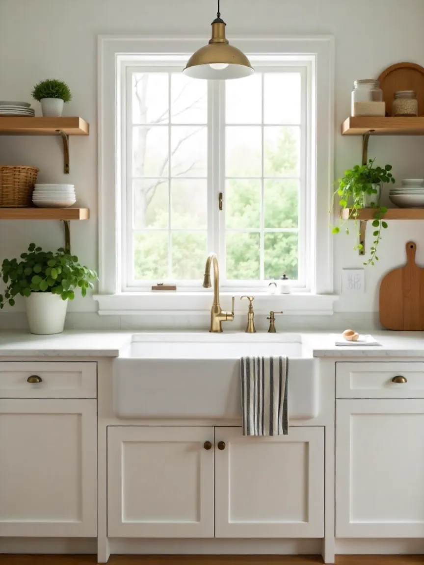 Farmhouse kitchen with a large white apron-front sink, marble countertop, brass faucet, and rustic accents for a timeless look.