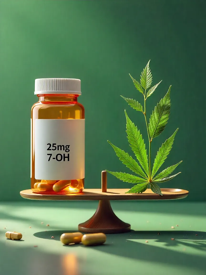 Illustration of a scale comparing a dosage label with factors like extraction, plant quality, lab testing, and human biology, showing why potency isn’t everything.