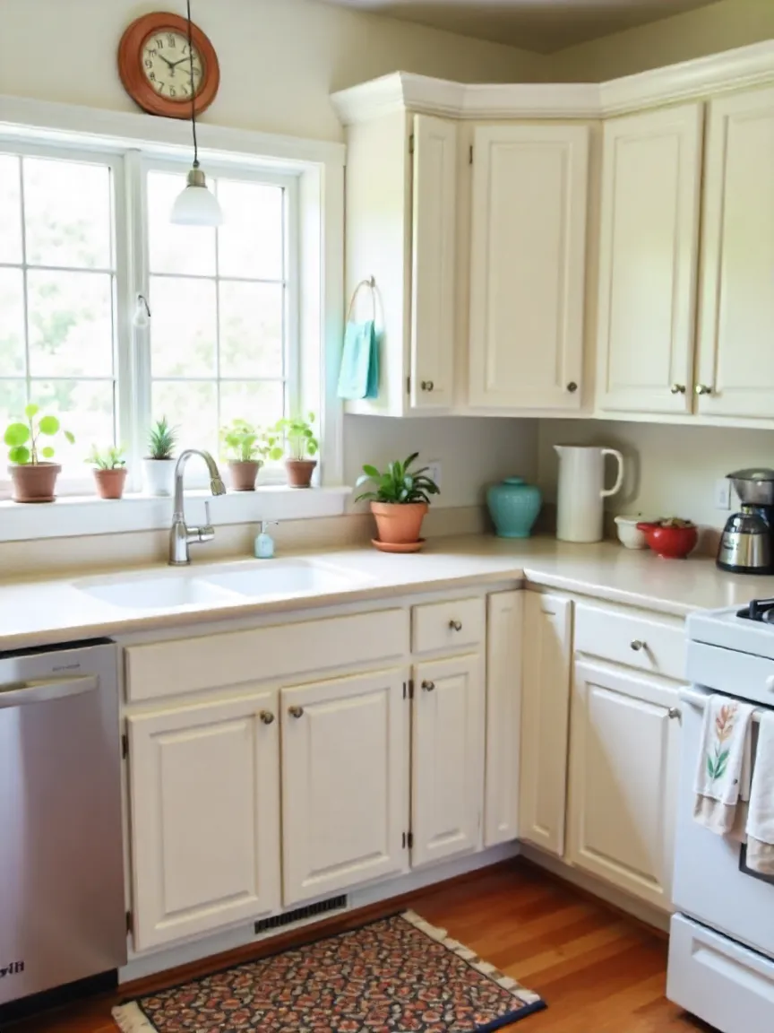 Budget-friendly kitchen with potted herbs, seasonal textiles, decorative baskets, under-cabinet lighting, and clean finishes showing final touches and upkeep.