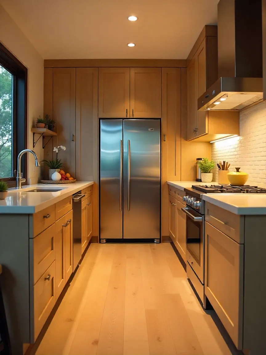 Modern kitchen with smart appliances, bamboo flooring, recycled glass countertops, and LED lighting, highlighting sustainable and stylish final touches.