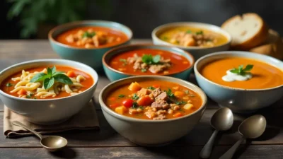 A rustic table with five colorful bowls of soup: chicken noodle, beef barley, tomato basil, lentil vegetable, and spiced pumpkin, styled with bread and herbs.