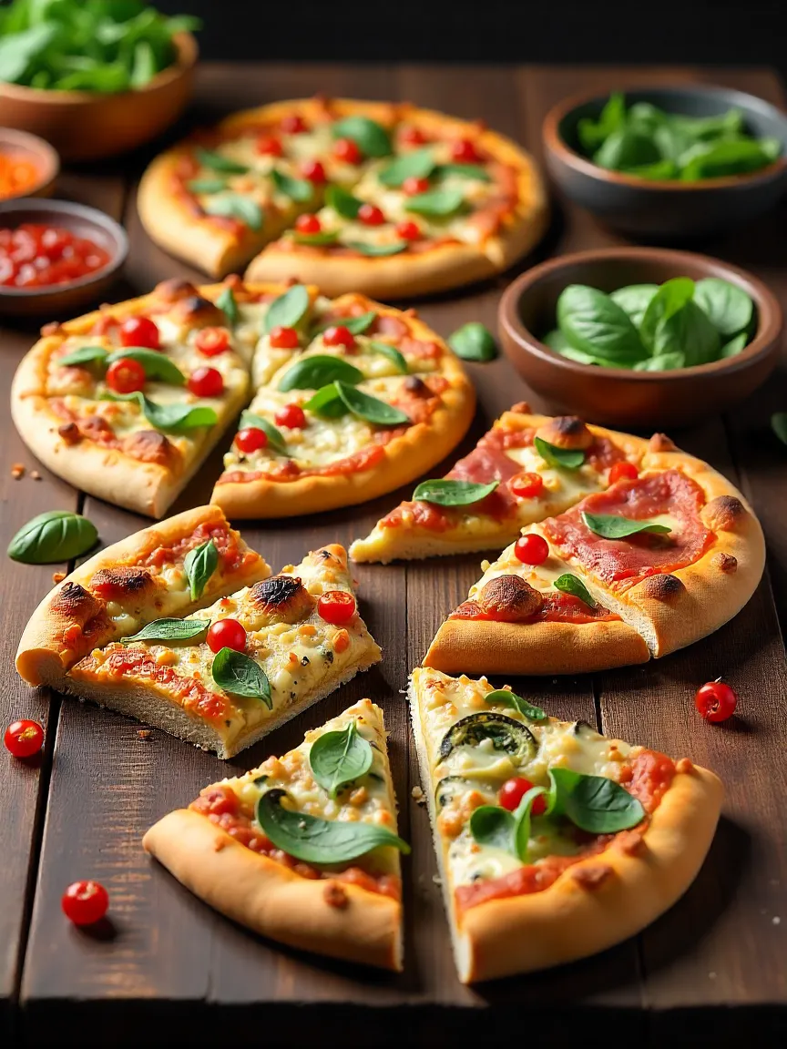 Five healthy pizzas with unique toppings displayed on a wooden table, surrounded by fresh ingredients.