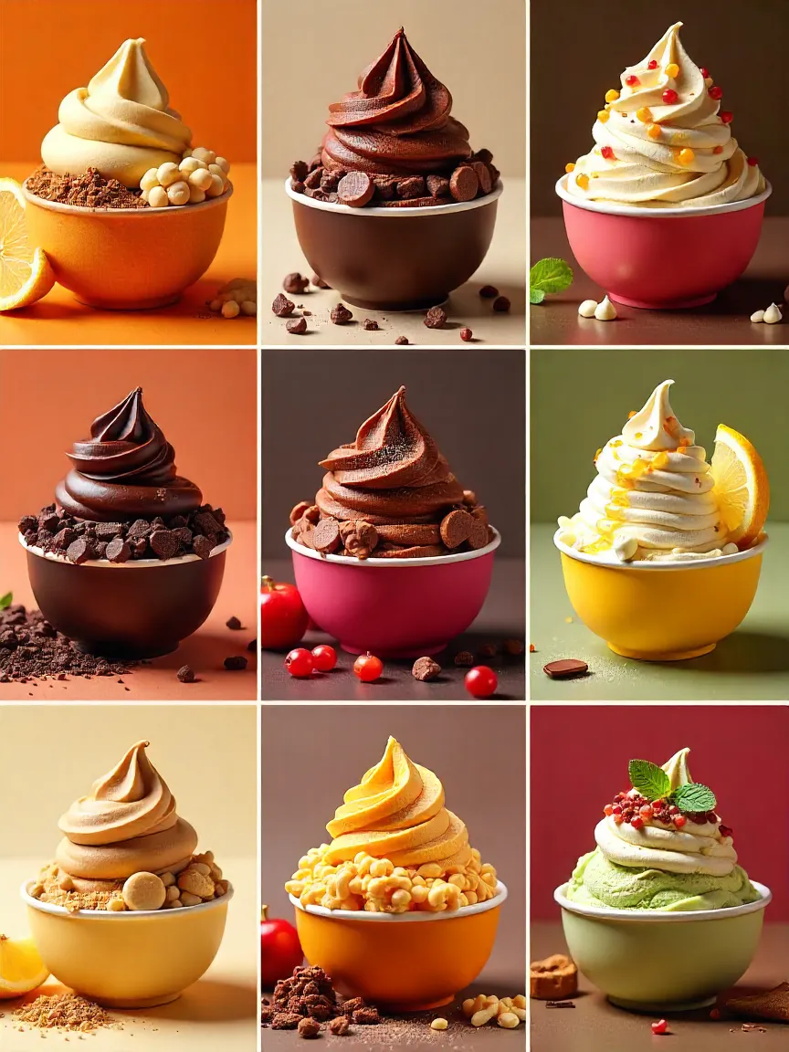 Collage showing ten unique ice cream flavor combinations with ingredients and toppings.