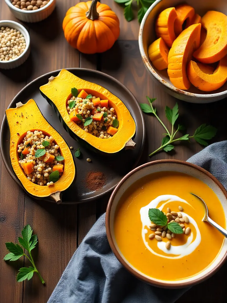 Savory stuffed acorn squash, maple roasted wedges, and creamy acorn squash soup displayed together as healthy recipes on a rustic table.