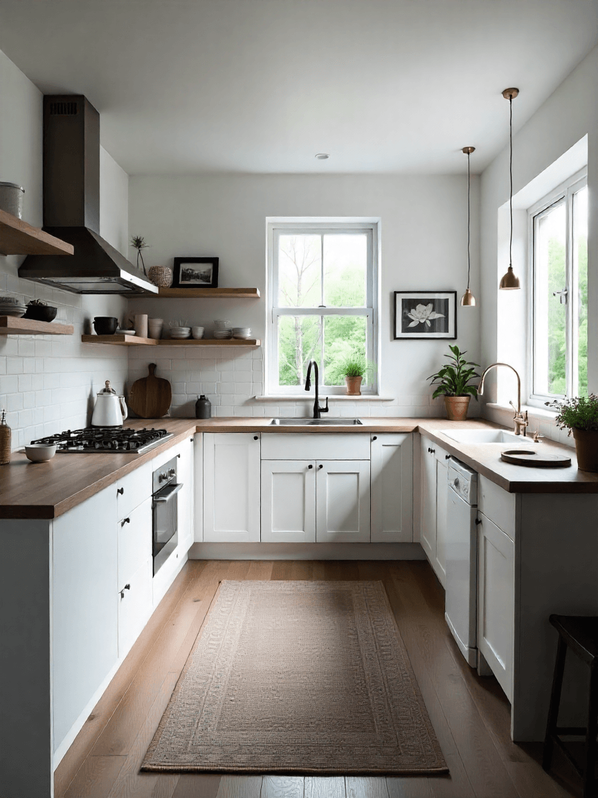 Modern L-shaped kitchen with island, open shelves, and warm lighting for a cozy, functional layout.