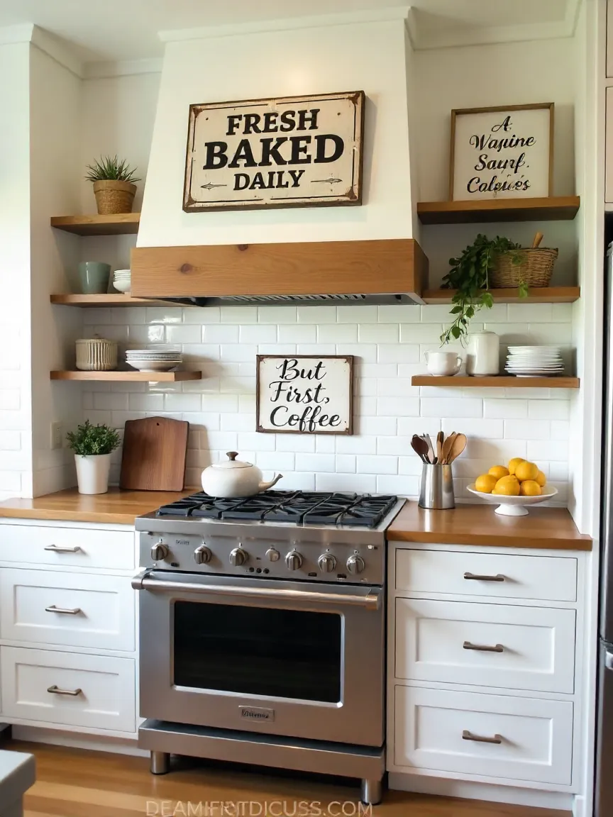Farmhouse kitchen with vintage wall signs, including coffee and bakery quotes, adding nostalgic charm to a rustic, cozy space.
