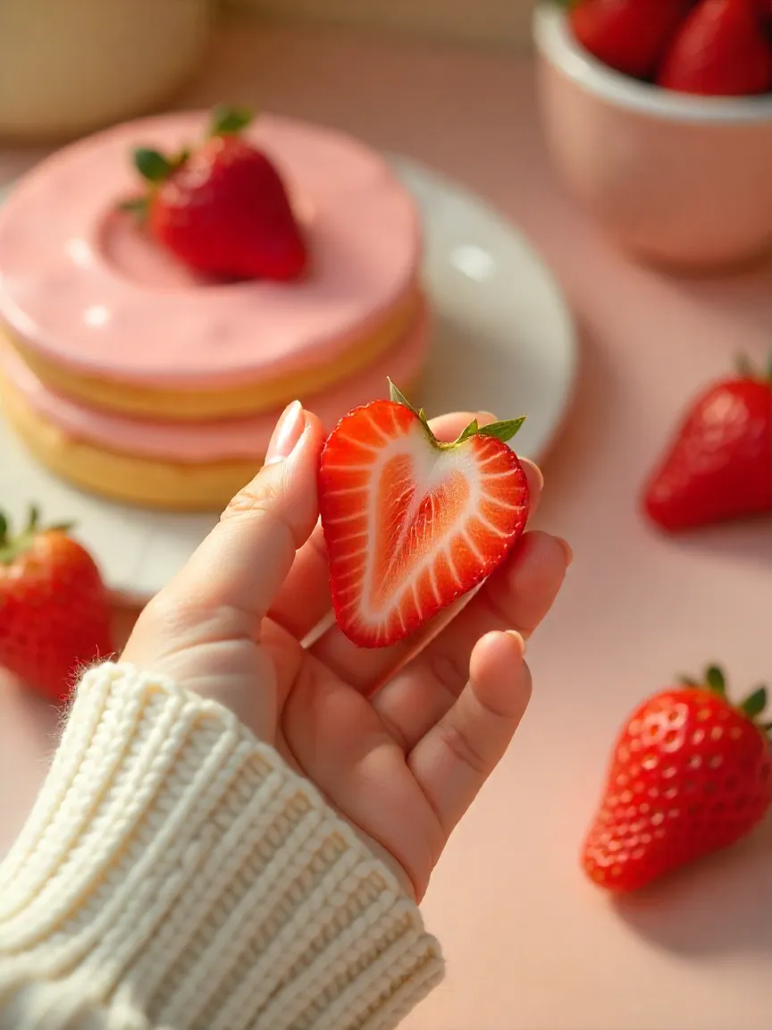 Hand holding heart-shaped strawberry slice with pastel Korean desserts in soft, warm setting symbolizing nostalgia and comfort.