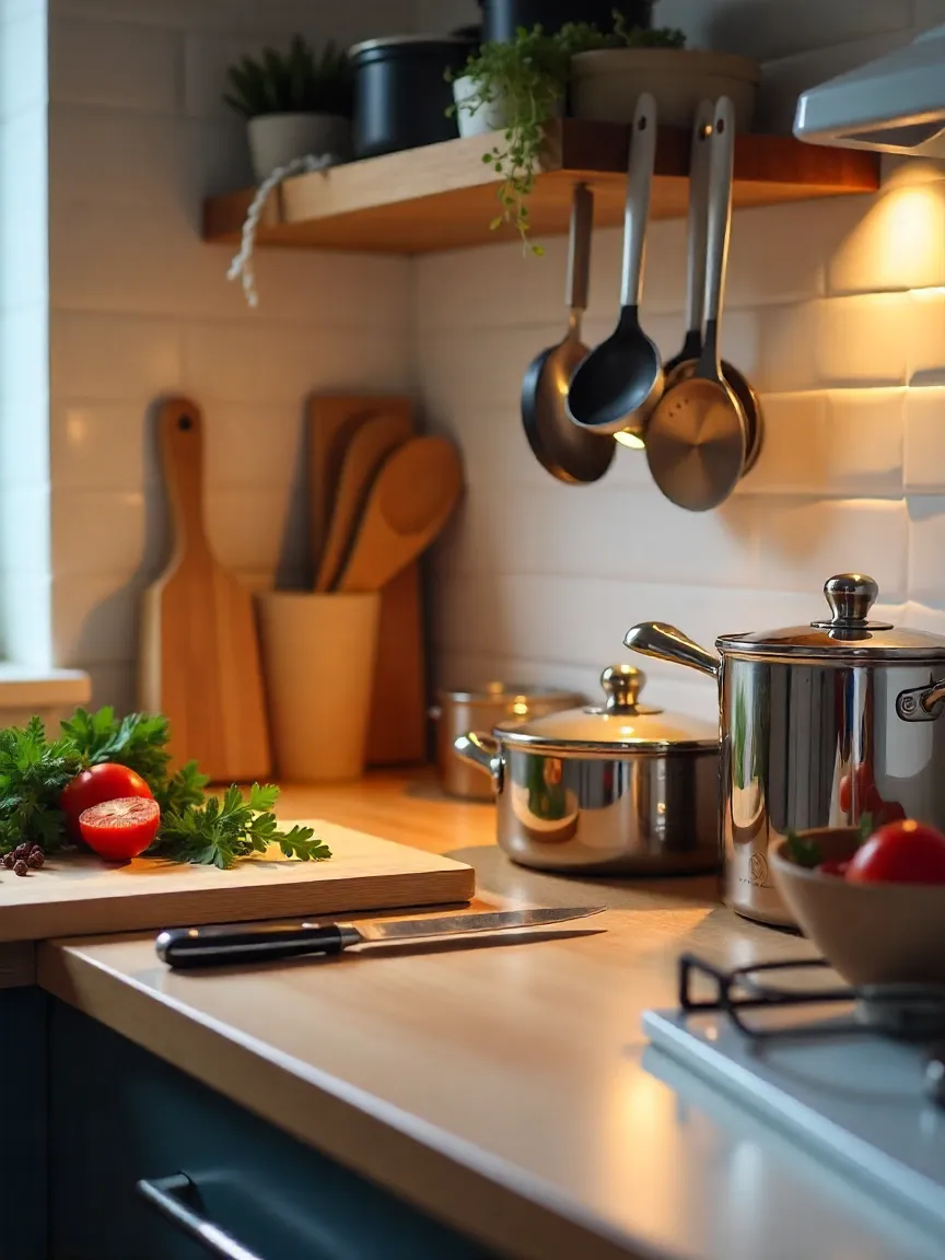 A neatly organized kitchen countertop with essential cooking tools like knives, pots, and measuring spoons, showcasing the basics of home cooking.