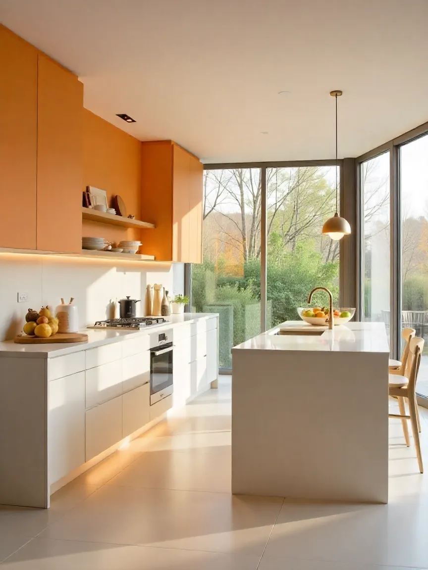 Modern kitchen with quartz countertops, matte cabinets, smart appliances, and eco-friendly natural lighting.