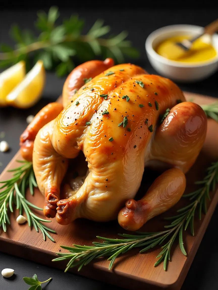 Golden roasted turkey with garlic herb butter, surrounded by rosemary, thyme, garlic, and lemon on a rustic wooden board.