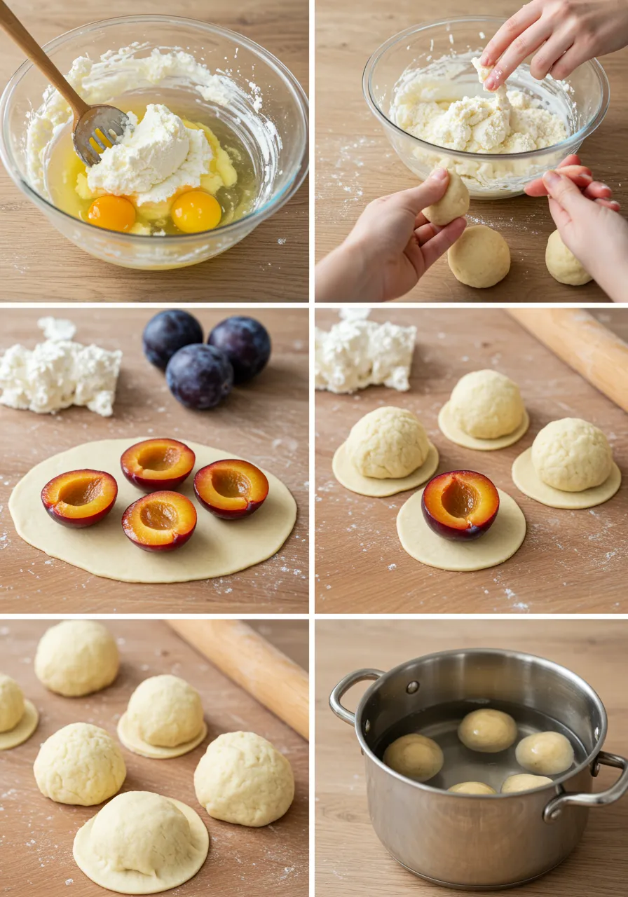 Step-by-step process of making ricotta plum dumplings: mixing dough, filling with plums, sealing, and boiling.