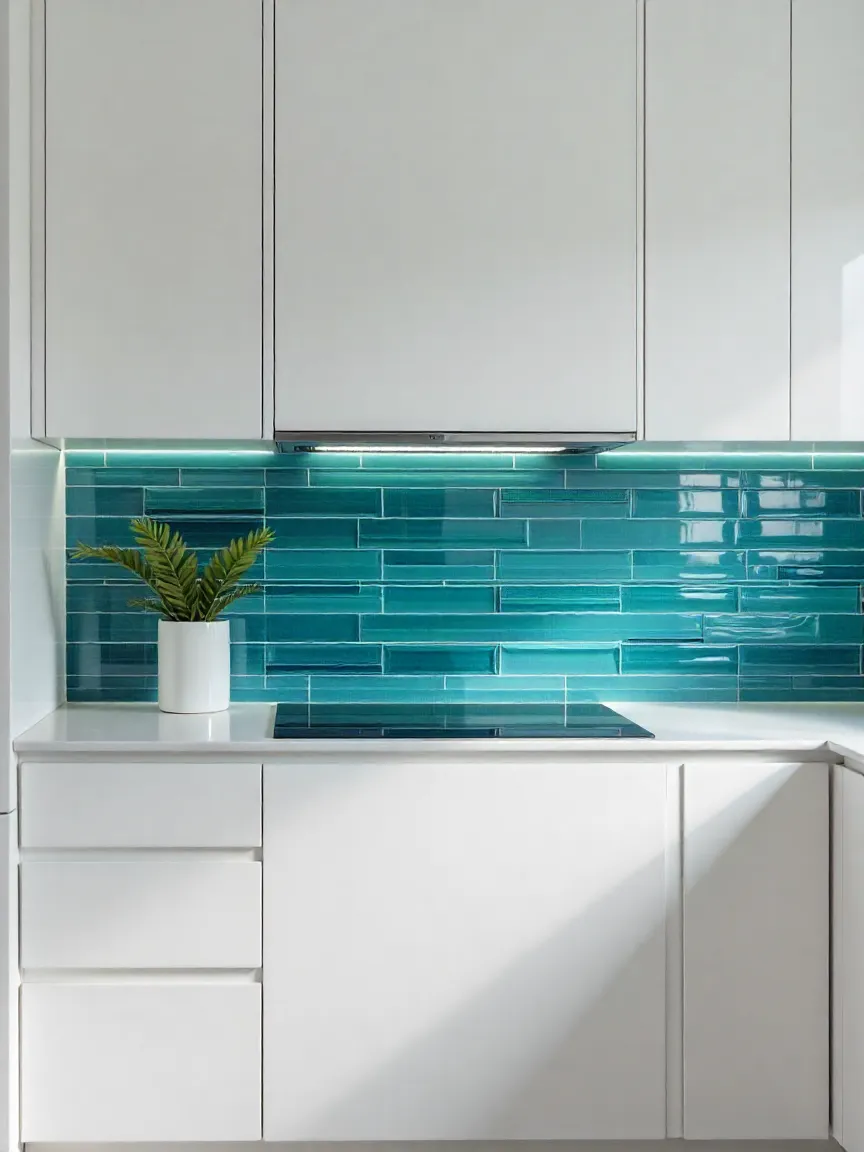 Modern kitchen backsplash with glossy blue and teal glass tiles reflecting light.