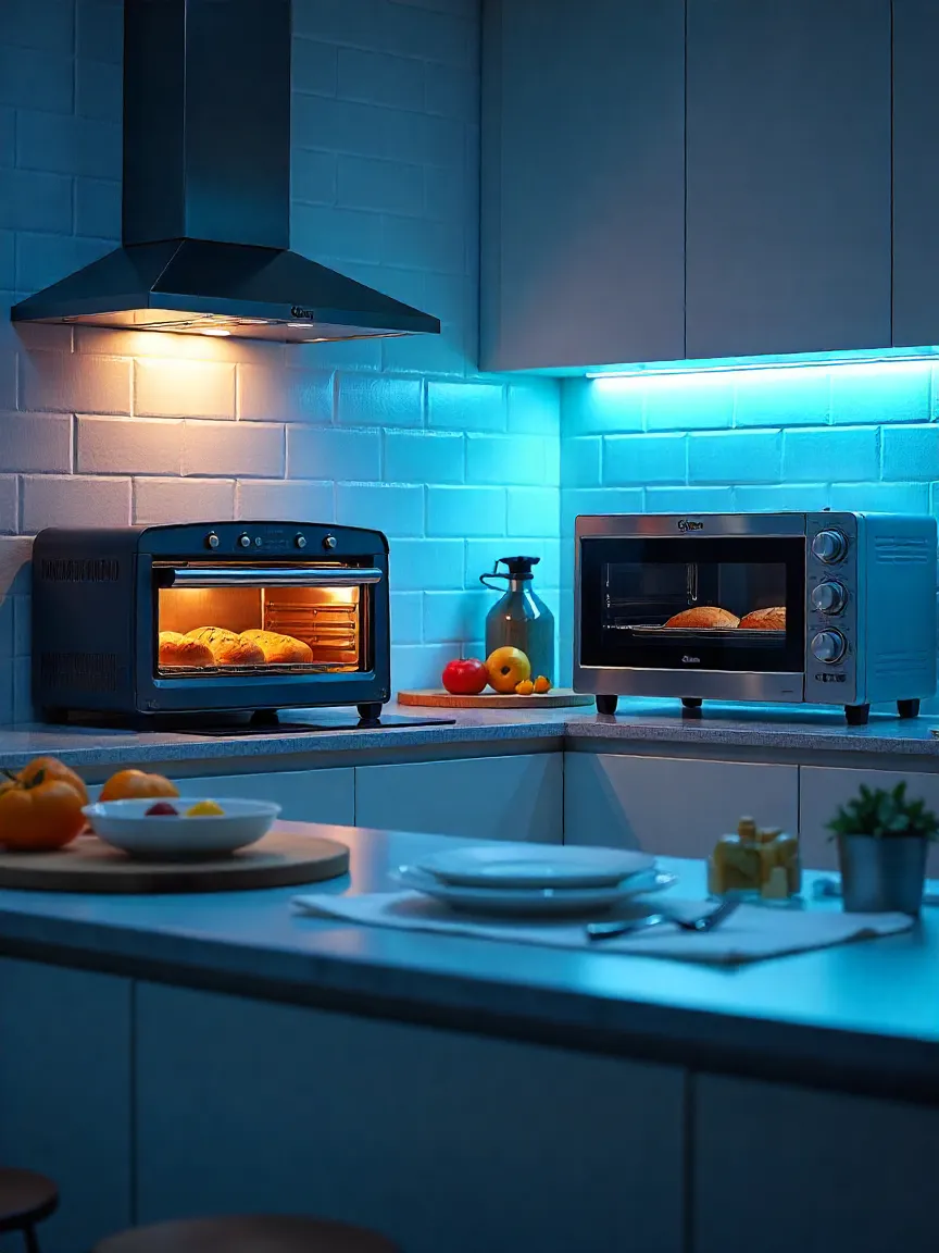 Modern kitchen with Glen OTG baking bread and Glen microwave reheating food. 
