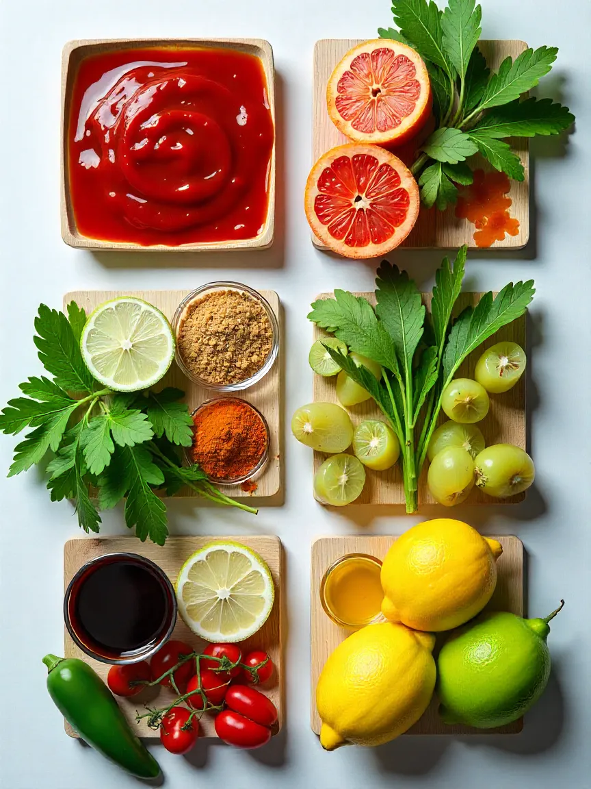 Collage of marinade ingredients from different cuisines—BBQ, Asian, Latin, and Mediterranean—arranged in a colorful flat lay.