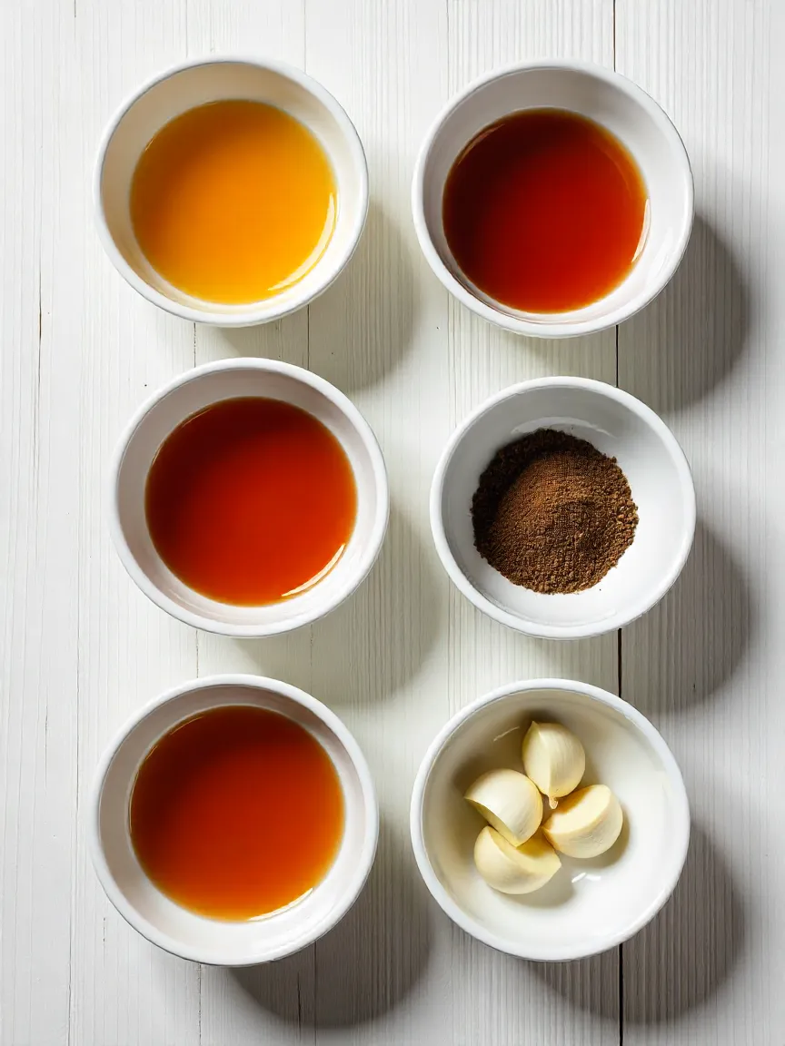 Gluten-free marinade ingredients including apple cider vinegar, tamari, honey, garlic, chili powder, and black pepper.