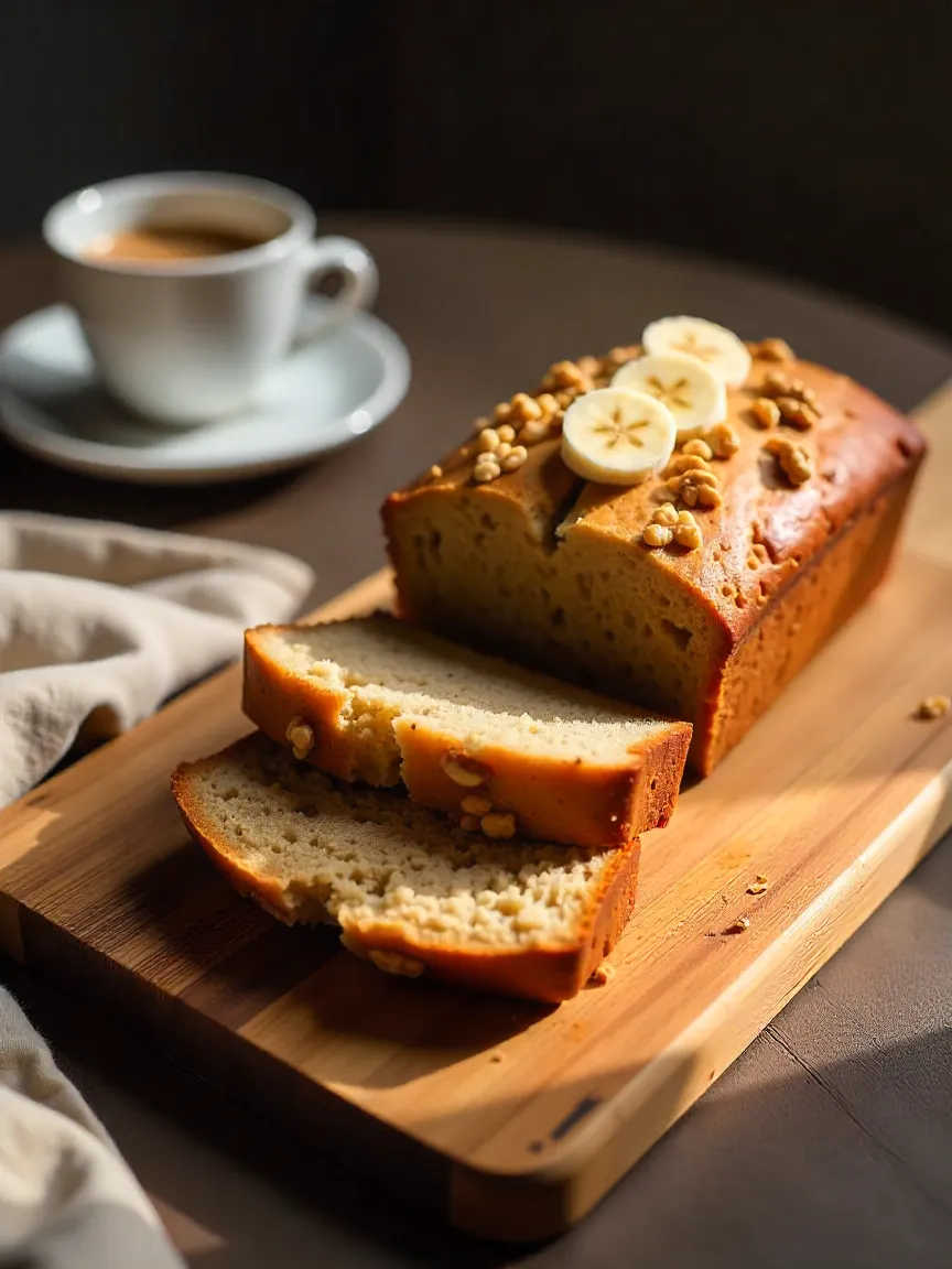 Gluten-free vegan banana bread loaf with slices, topped with walnuts and banana, served with coffee on a cozy table.