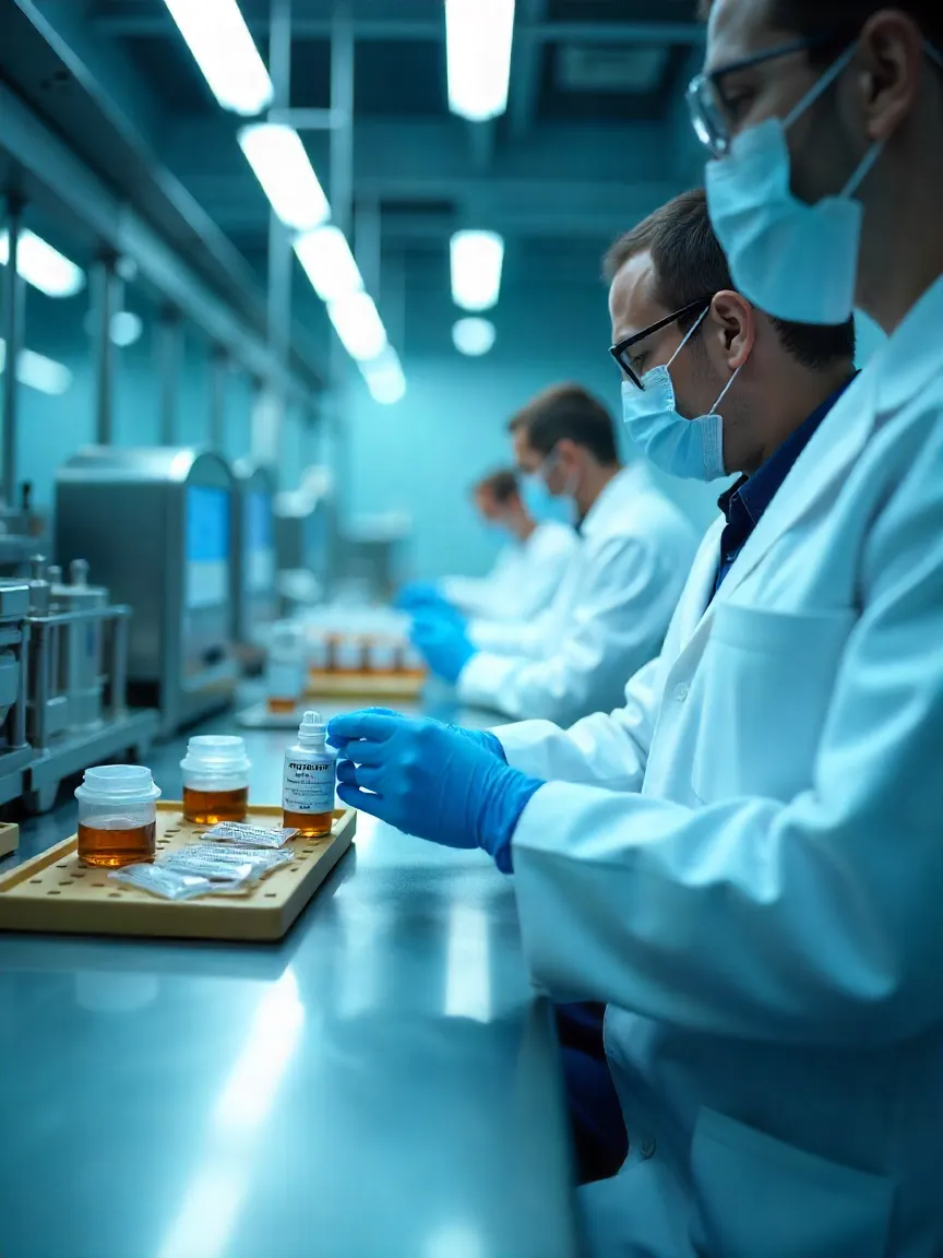 Modern lab with stainless steel equipment and technicians ensuring GMP manufacturing standards for consistent 7-hydroxymitragynine products.