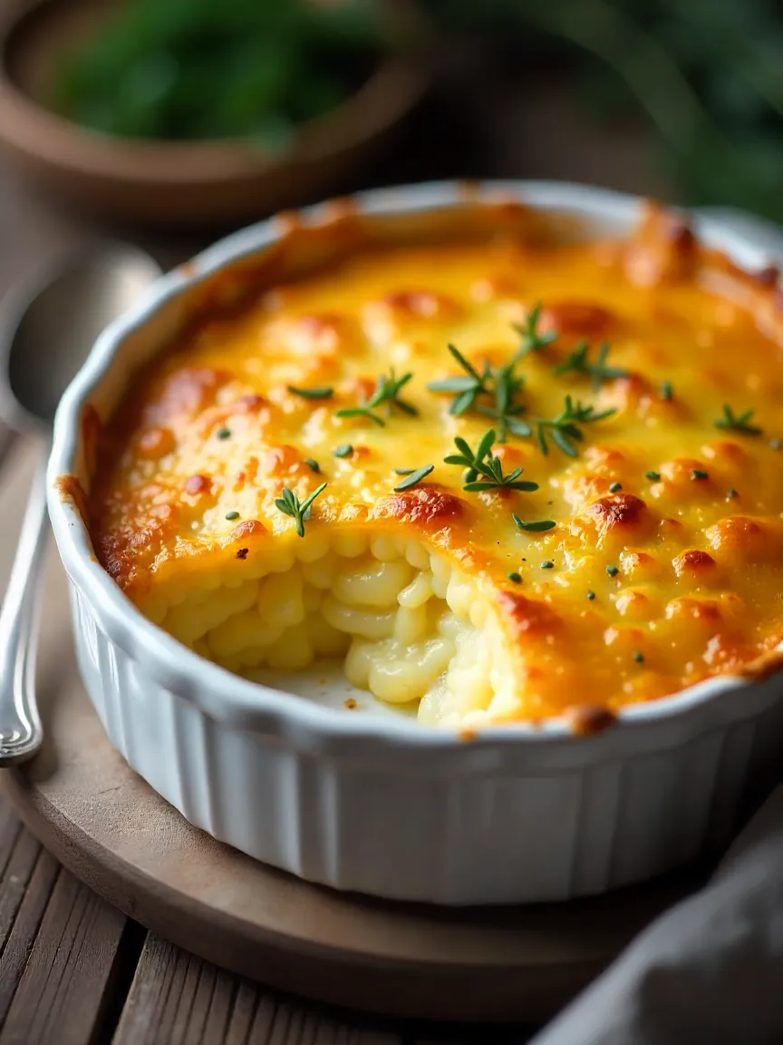 Golden potato gratin with melted cheese and thyme in a white baking dish.