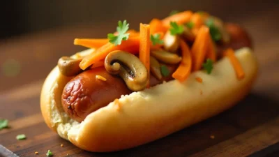 A delicious gourmet homemade hot dog with juicy sausage, sautéed mushrooms, tangy Korean carrots, and melted cheese, all in a soft, toasted bun with fresh herbs, served on a rustic wooden table.